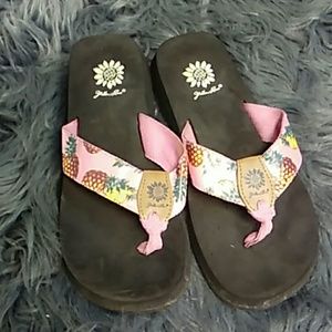 yellow box pineapple flip flops